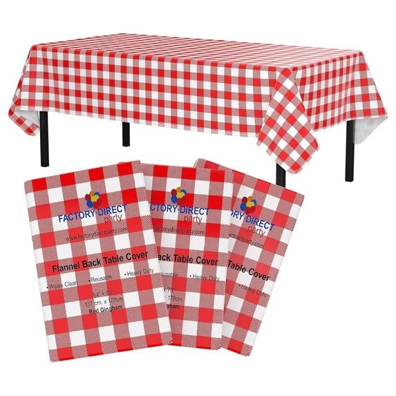 Red Gingham (Checkerboard) Vinyl Tablecloths - 54 In. X 70 In. - Pack Of 3 Rectangle Tablecloth - Vinyl Tablecloths For Rectangle Tables - Plastic Table Cloths With Flannel Backing - Waterproof