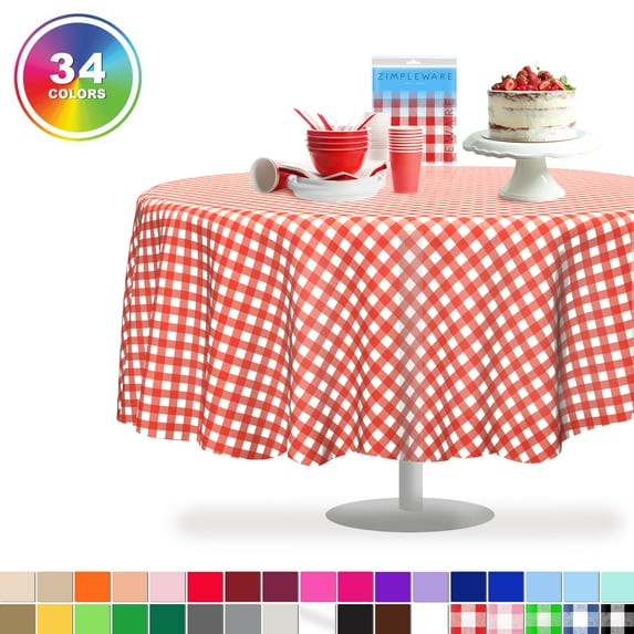 Red Gingham Checkered 1 Pack Standard Disposable Plastic Party Picnic Tablecloth 84" Inch Round Table Cover By Zimpleware