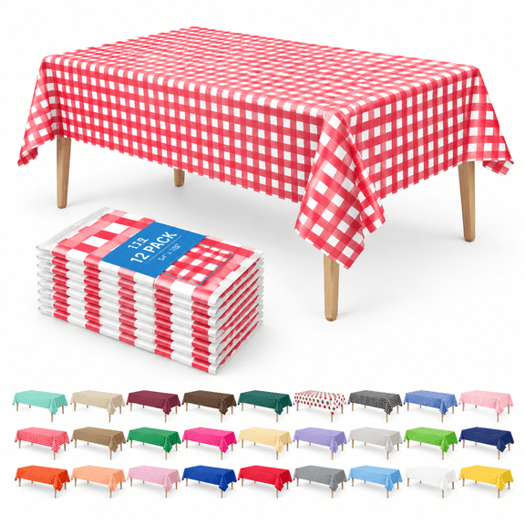 Red Gingham Checkered 12 Pack 54" x 108" Rectangle Plastic Disposable Tablecloths