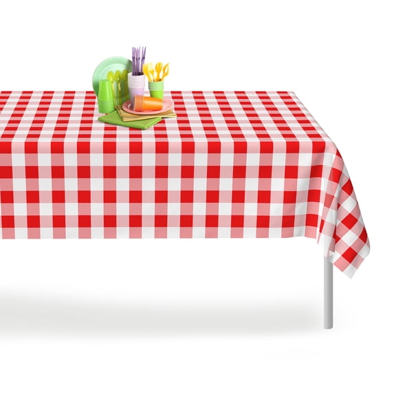 Red Gingham Checkered 12 Pack Premium Disposable Plastic Picnic Tablecloth 54 Inch. x 108 Inch. Rectangle Table Cover By Grandipity
