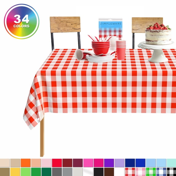 Red Gingham Checkered 12 Pack Standard Disposable Plastic Party Picnic Tablecloth 54 Inch. x 108 Inch. Rectangle Table Cover By Zimpleware