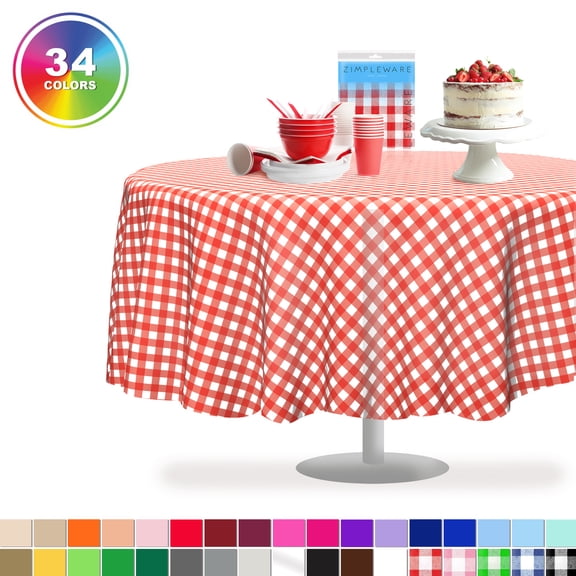 Red Gingham Checkered 6 Pack Standard Disposable Plastic Party Picnic Tablecloth 84" Inch Round Table Cover By Zimpleware