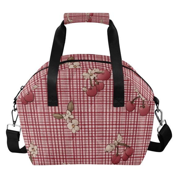 Red Gingham Cherries with Tiny Florals Insulated Lunch Bag Reusable Quilted Lunch Box Waterproof Leakproof Lunch Container