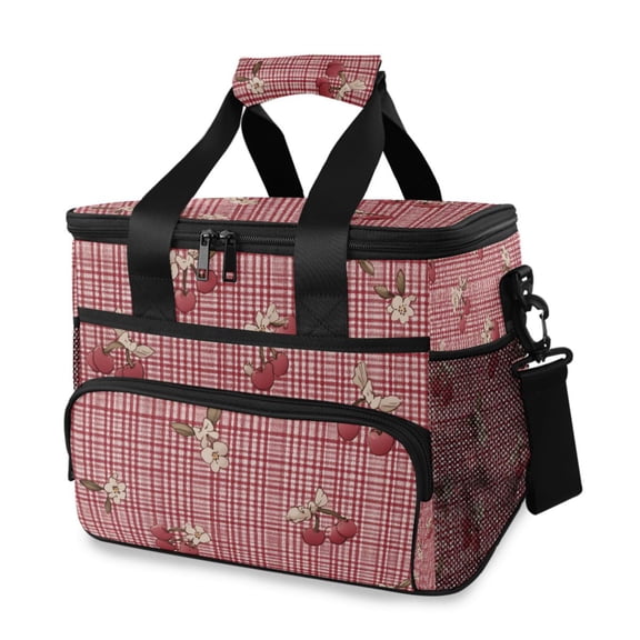 Red Gingham Cherries with Tiny Florals Portable Cooler Lunch Box Reusable Insulated Lunch Bag Leakproof 15L