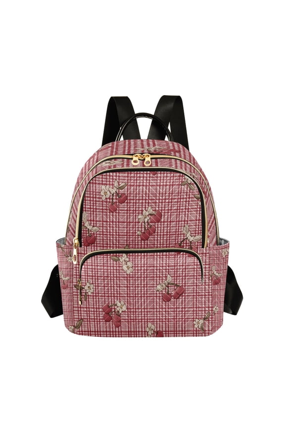 Red Gingham Cherries with Tiny Florals Quilted Backpack Fashion Daypack Commuter Bag for Women 14 L