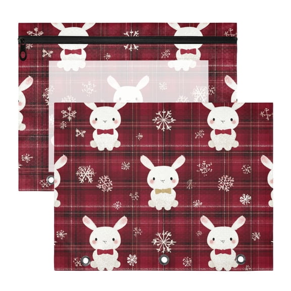 Red Gingham Cute Rabbit Christmas Snow 3-Ring Binder Pocket with Zipper Pencil Pouches A4 Size File Storage 2 Packs