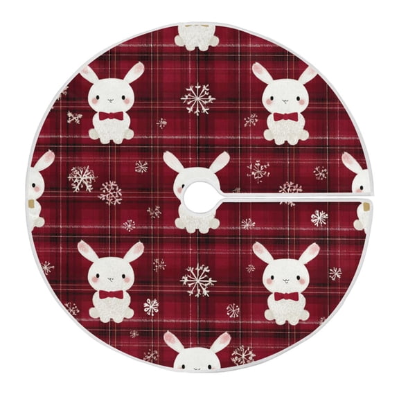 Red Gingham Cute Rabbit Christmas Snow Christmas Tree Skirt Opening Design Floor Mat Holiday Decor 35 inch