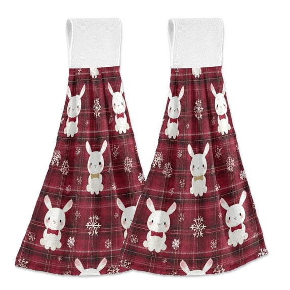 Red Gingham Cute Rabbit Christmas Snow Hanging Towels with Loop Hand Towels Nylon Fastener Tape Design Dish Cloths 2 Pieces