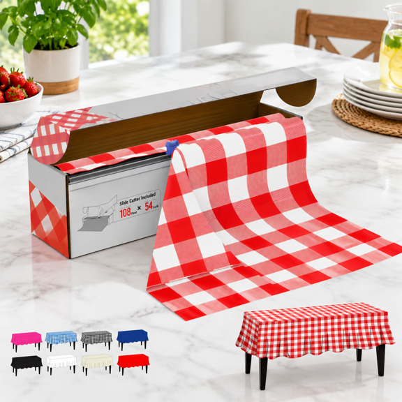 Red Gingham Disposable Plastic Tablecloth Roll, 54 In X 108 Ft For Indoor Outdoor Events