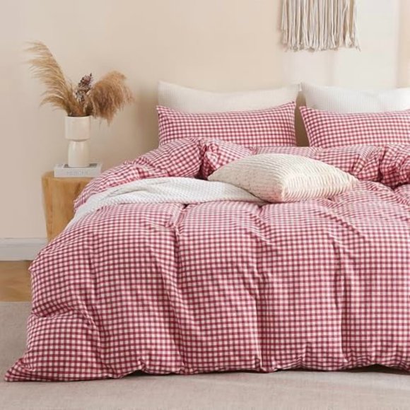 Red Gingham Duvet Cover Bedding Set 100% Washed Cotton Like Linen Feel Super Soft Comfortable 3 Piece Cute Plaid Checkered Comforter Cover Set (Queen 90&#34;x90&#34;, Comforter Not Included)