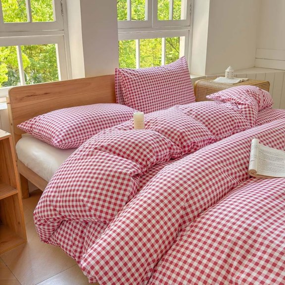 Red Gingham Grid Duvet Cover Set Queen, 100% Washed Cotton Plaid Comforter Cover Set,Ultra-Soft & Lightweight Cottage Bedding Set(3PCS, Queen)