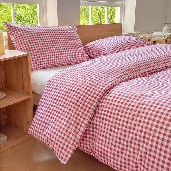 Red Gingham Grid Duvet Cover Set Twin, 100% Washed Cotton Plaid Comforter Cover Set,Ultra-Soft & Lightweight Cottage Bedding Set(2PCS, Twin)