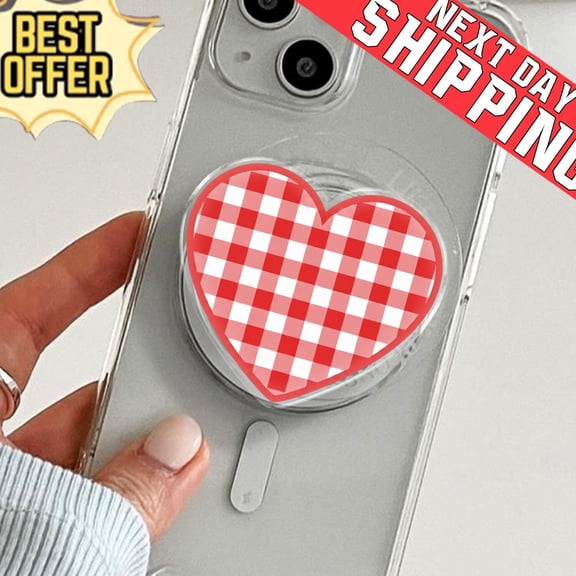 Red Gingham Heart Phone Grip, Aesthetic Coquette MagSafe E-reader, Cute Picnic Party Gift, Vintage Plaid Valentine Mobile Stand