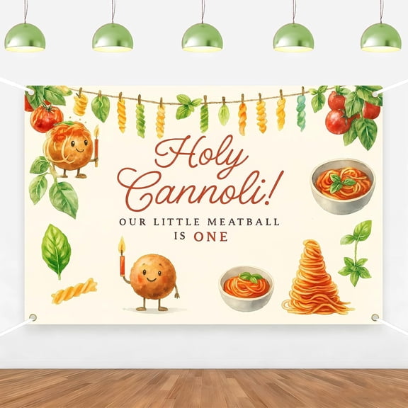 Red Gingham Italian Food 1st Birthday Backdrop, Hand-Drawn Meatball and Spaghetti Graphics, 4*6ft for Baby Boy Girl Photo Decor