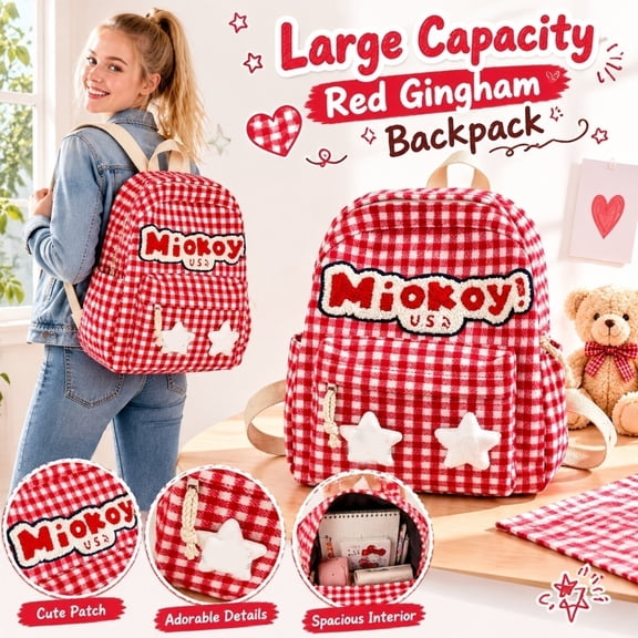 Red Gingham Large Capacity Backpack, Cute Plaid Backpack with Star Patches, Spacious School Bag for Daily Commute, Travel and Back,Red gingham large capacity backpack with star patches