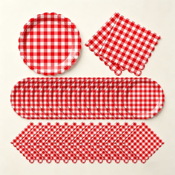 Red Gingham Paper Plates and Napkins Set, Serves 60, Dessert Plates for Pizza Party, Picnic & BBQ, Red Checkered Tableware for Italian Night