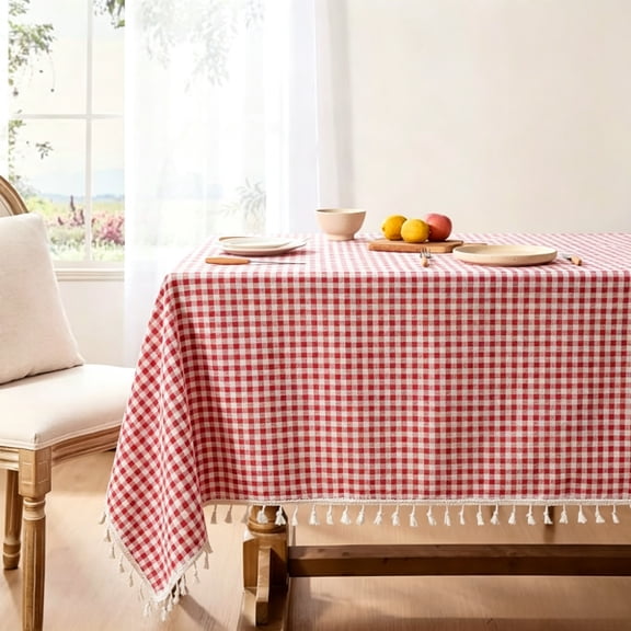 Red Gingham Picnic Tablecloth, Polyester Cotton Blend Table Cover for Indoor & Outdoor Dining