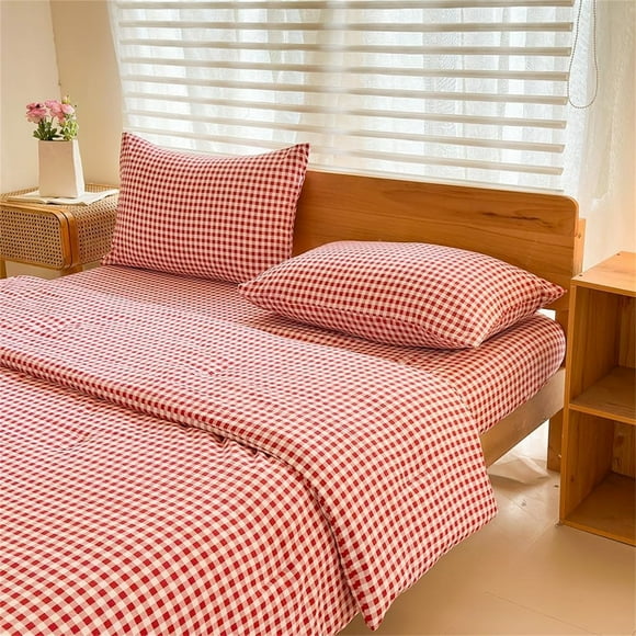 Red Gingham Queen Comforter Set, Red Plaid Bedding Set, Checked Bed Comforter 3 Pieces(Red Gingham, Queen)