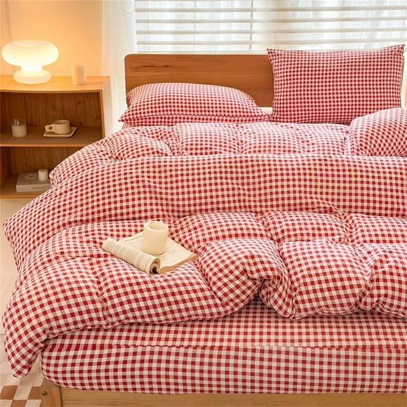 Red Gingham Queen Duvet Cover Set, Red Plaid Comforter Cover Set, 3 Pieces Checked Bedding Set (Red Gingham, Queen)