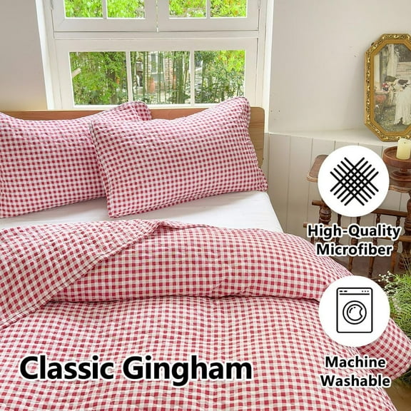 Red Gingham Queen Quilt Set - Soft Pre-Washed Microfiber Bedspread for All Seasons