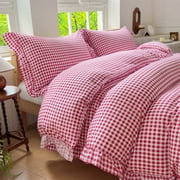 Red Gingham Ruffle Duvet Cover Twin Size, 2 Pieces Soft Pre-Washed Microfiber Checked Plaid Comforter Cover Set, Vintage Farmhouse Bedding Set(Red Gingham, Twin 68"x90")