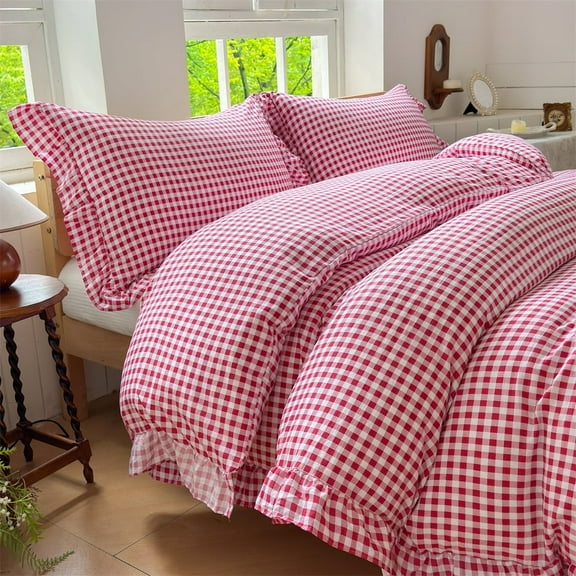 Red Gingham Ruffle Duvet Cover Twin Size, 2 Pieces Soft Pre-Washed Microfiber Checked Plaid Comforter Cover Set, Vintage Farmhouse Bedding Set(Red Gingham, Twin 68"x90")