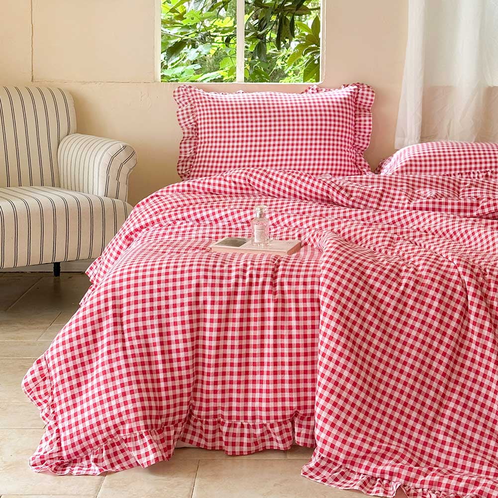 Red Gingham Ruffle King Comforter Set, Red Ruffled Plaid Bedding Set ...