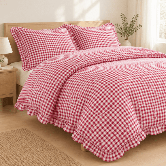 Red Gingham Ruffle King Duvet Cover