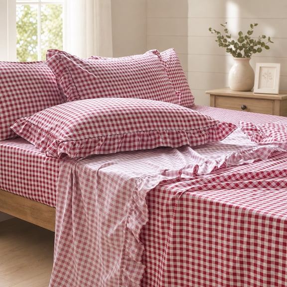 Red Gingham Ruffle King Sheet Set, Soft Pre-Washed Microfiber Plaid King Bed Sheets, 4-Piece Deep Pocket Farmhouse Bedding