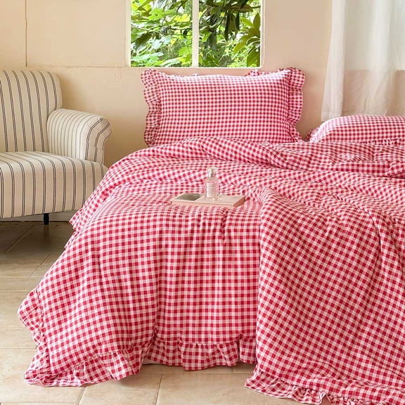 Red Gingham Ruffle Queen Comforter Set, Red Ruffled Plaid Bedding Set, Ruffled Checked Bed Comforter 3 Pieces(Red Gingham, Queen)
