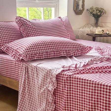 Red Gingham Ruffle Twin Sheet Set, Soft Pre-Washed Microfiber Plaid Ruffled Twin Bed Sheets, 3-Pieces Farmhouse Sheet Set with Deep Pocket
