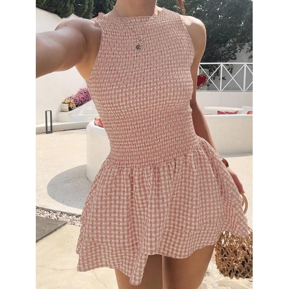 Red Gingham Sleeveless Ruched Mini Dress, Sweet French Style Summer Vacation Dress