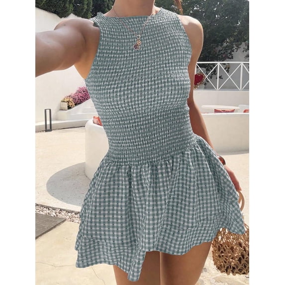 Red Gingham Sleeveless Ruched Mini Dress, Sweet French Style Summer Vacation Dress