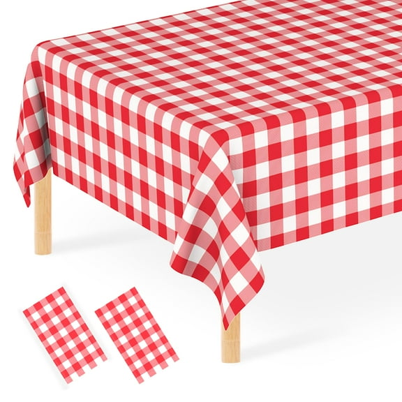 2 Red White Plaid Tablecloths, Disposable Gingham Party Table Cover for Picnic Barbecue Birthday Celebration, Waterproof Material, 54x108 Inch