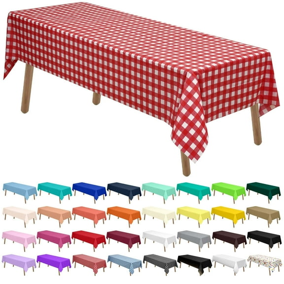 Disposable Red Gingham Tablecloths 2 Pack, 54 x 108 Inch Plastic Party Table Covers for Picnic BBQ Wedding Birthday, Buffalo Checkered, 8 ft Rectangle, Red