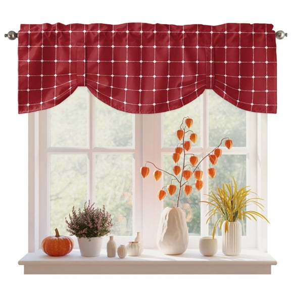 Red Gingham Tie Up Valance Curtains for Windows, Kitchen Curtains Window Treatments, Modern Minimalist Geometric Plaid Short Window Shades Valances for Bedroom Bathroom Cafe 42"x12"