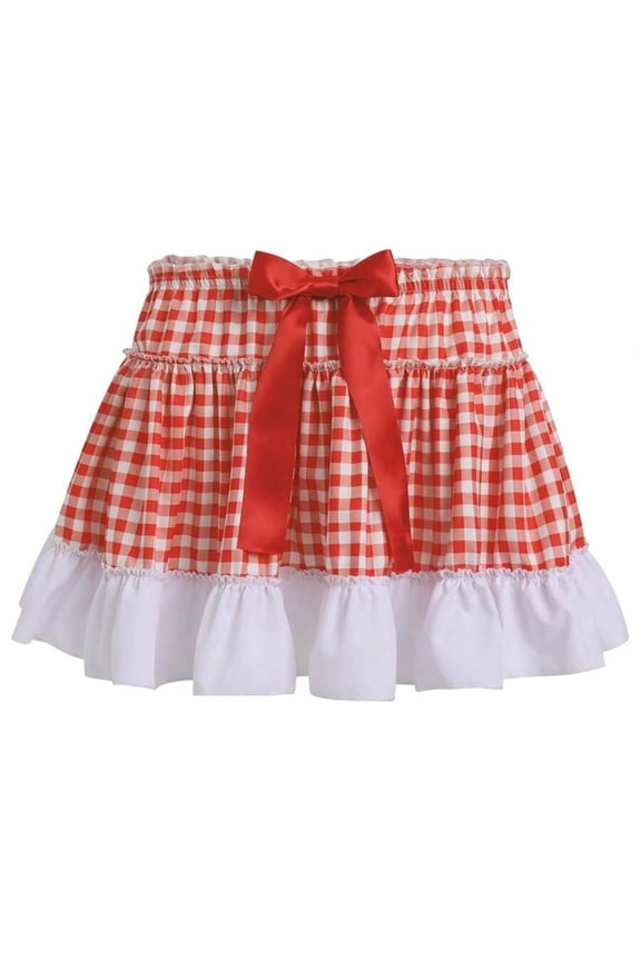 Red Gingham Tiered Ruffle Mini Skirt With Bow Waist A-Line Elastic High Waist