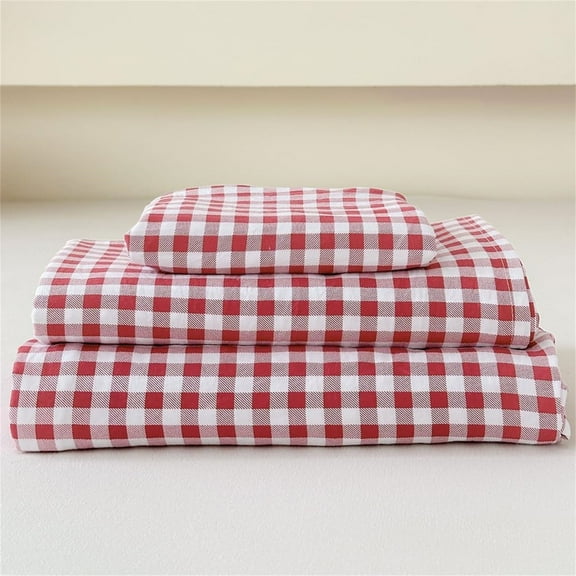 Red Gingham Twin Sheet Set, Soft Brushed Microfiber Red Plaid Twin Bed Sheets, 3-Pieces Red Checked Sheet Set with Deep Pocket