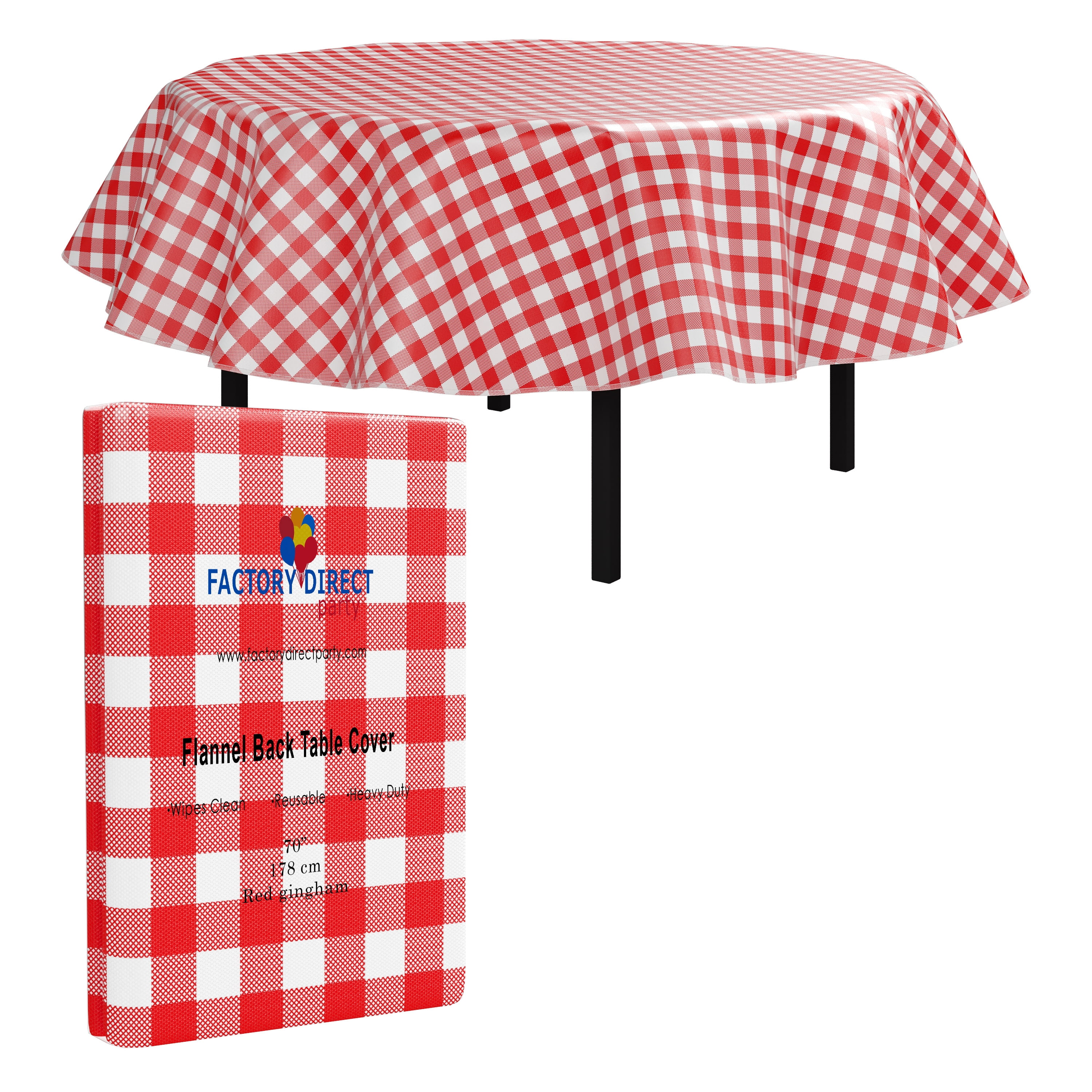 Red Gingham Vinyl Tablecloth 70 In. Round Flannel Backed Tablecloth Waterproof Plastic