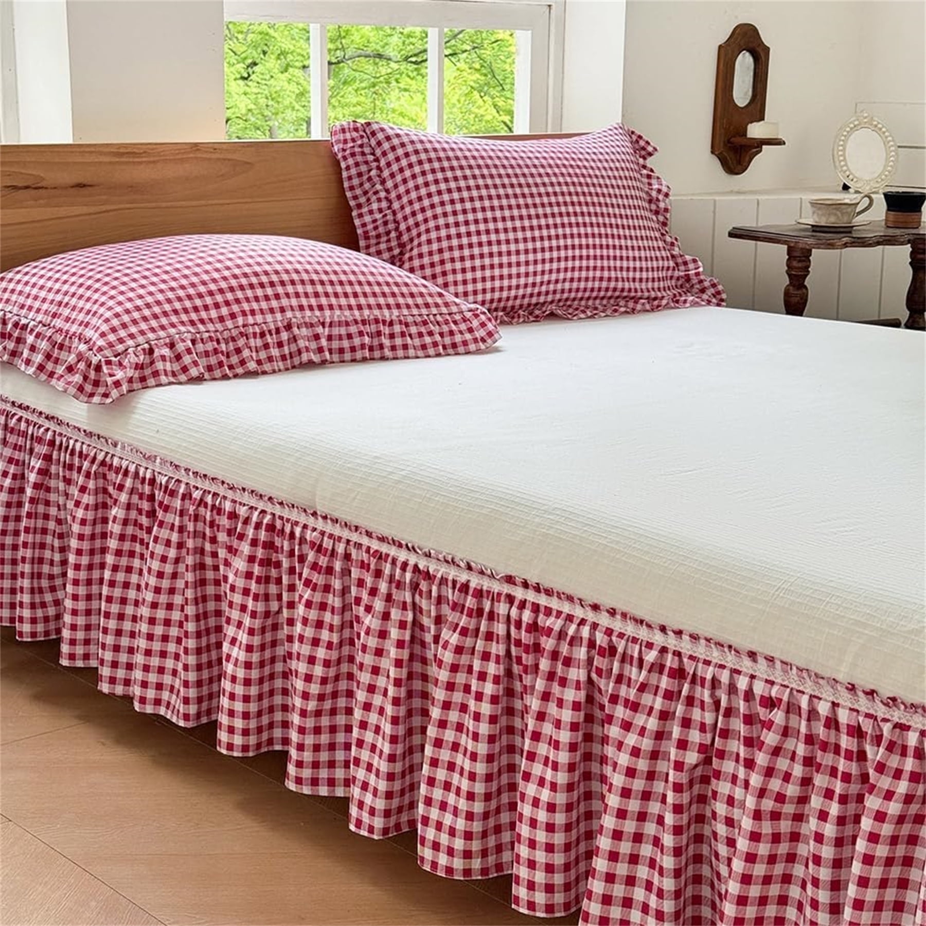 Red Gingham Wrap Around Ruffled Bed Skirt with Lace Decor, Plaid Grid Adjustable Elastic Dust Ruffles for King Bed, 15 Inch Drop Farmhouse Cottage Pleated Bed Frame Cover(Red Gingham, King)