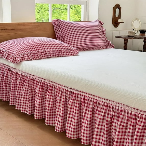 Red Gingham Wrap Around Ruffled Bed Skirt with Lace Decor, Plaid Grid Adjustable Elastic Dust Ruffles for King Bed, 15 Inch Drop Farmhouse Cottage Pleated Bed Frame Cover(Red Gingham, King)