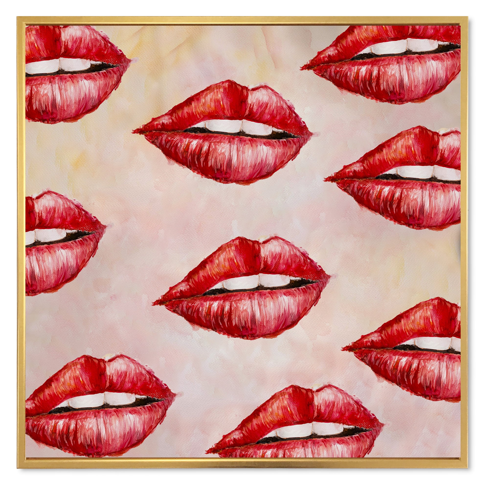 Red Girl Lips Pattern 16 in x 16 in Framed Painting Canvas Art Print, by Designart