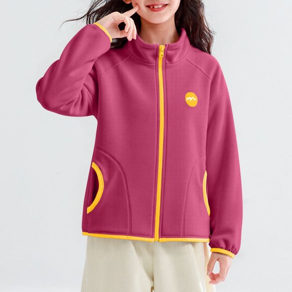 Red Girls Fleece Jacket - 100% Polyester Relaxed Fit Full Zip Stand-Up Collar Elastic Cuffs with Side Pockets Cozy Lightweight Machine Washable Sizes 4-15,Size 14-15 T