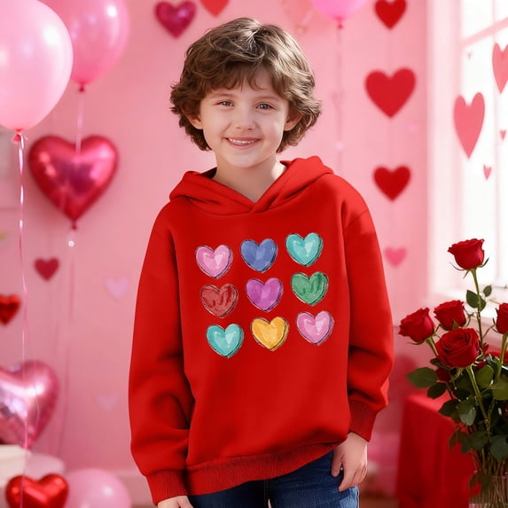 Red Girls Graphic Hoodie with Colorful Hearts Print | Oversized Pullover Casual Sweatshirt for Kids & Youth 4-14 Years,Size 9 T