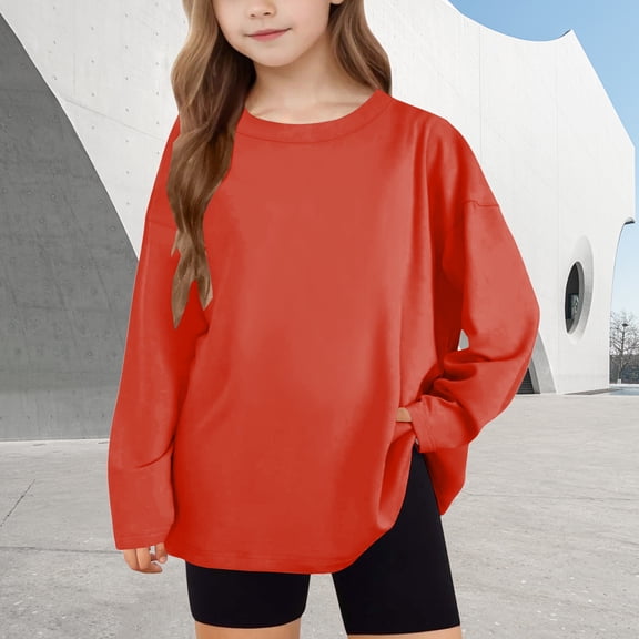 Red Girls Long Sleeve Top 100% Cotton Soft Round Neck Shirt for Kids to Big Kids Everyday Basic Playwear & School,Size 10 T