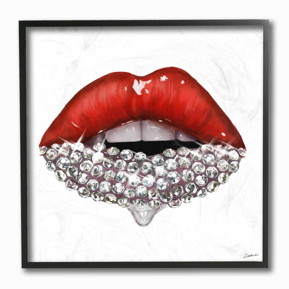 Red Glam Lips with Glistening Stones Abstract Canvas Art Print