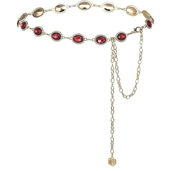 Red Glass Diamond Chain Belt,Tutuviw Gold Metal Waist Belts,Chain Belts for Women,Adjustable Vintage Waist Belt,Link Belts,Rhinestone Crystal Belts for Dress (Red)