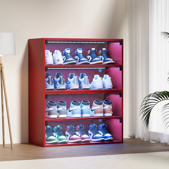 REDSASA Shoe Storage Cabinet with RGB LED Light - Clear Door Storage Display Case for 6 Sneakers Collection, Modern Shoe Box Organizer(Only 2 Floors)