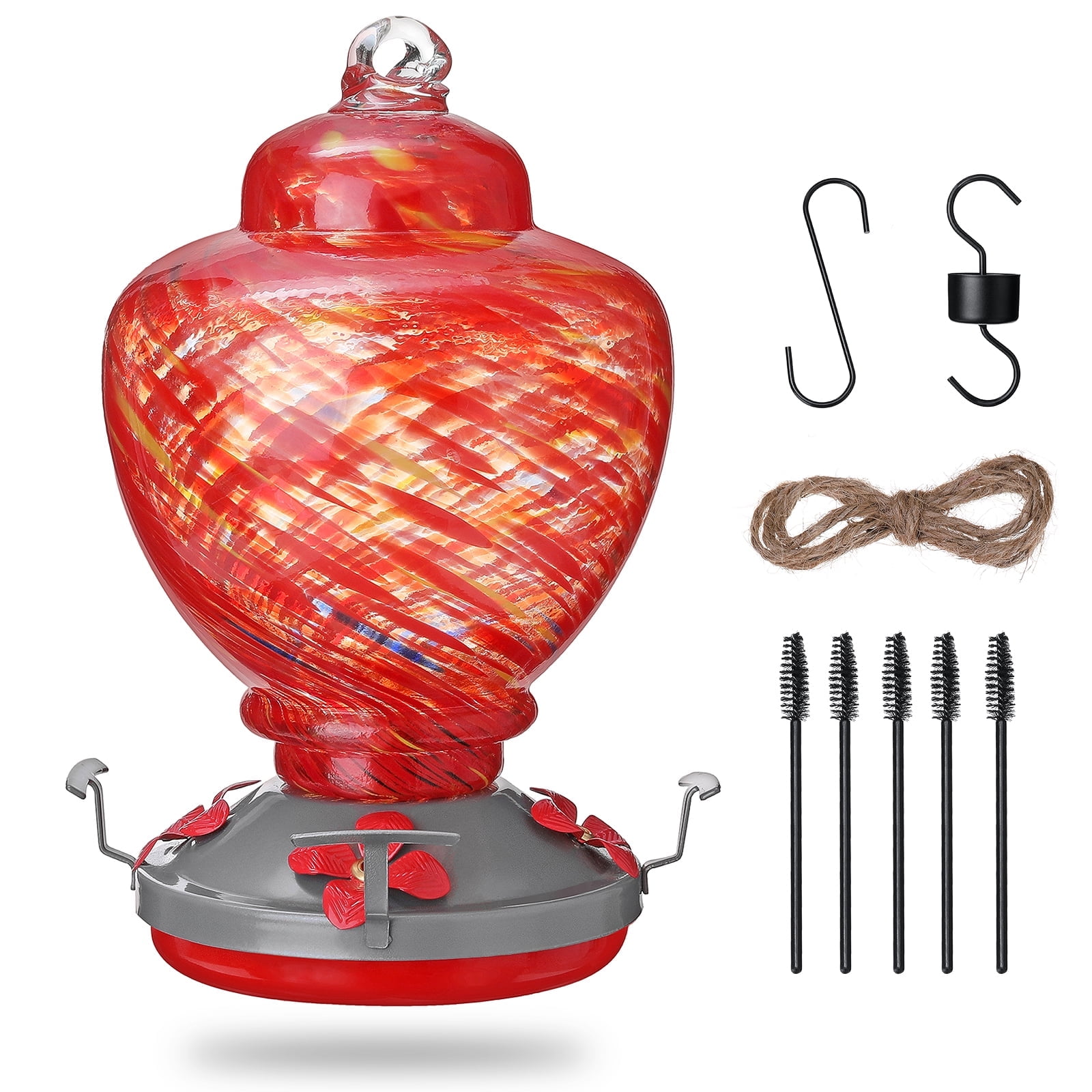Red Glass Hummingbird Feeder with Ant-Proof Hook, 