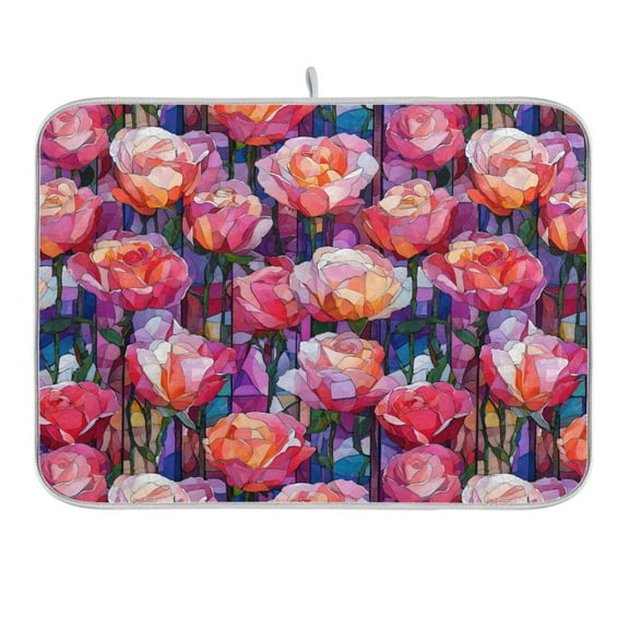 Red Glass Rose Dish Drying Mat 16x18 Absorbent Microfiber Draining Rack Pad for Kitchen Counter Sink